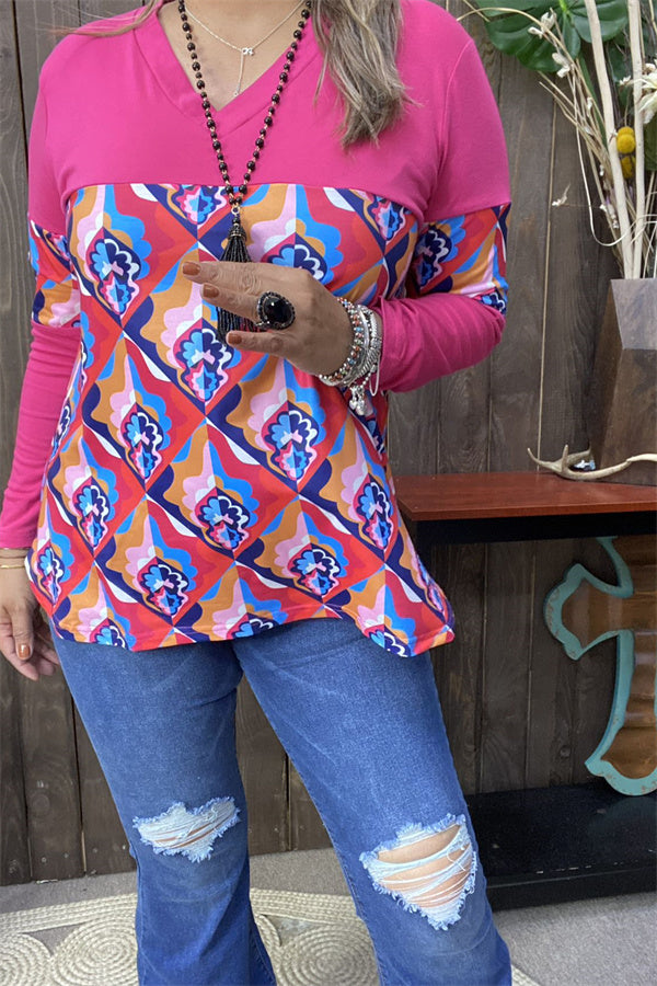 BQ15582 Floral multi color printed&block solid fuchsia color long sleeve women tops