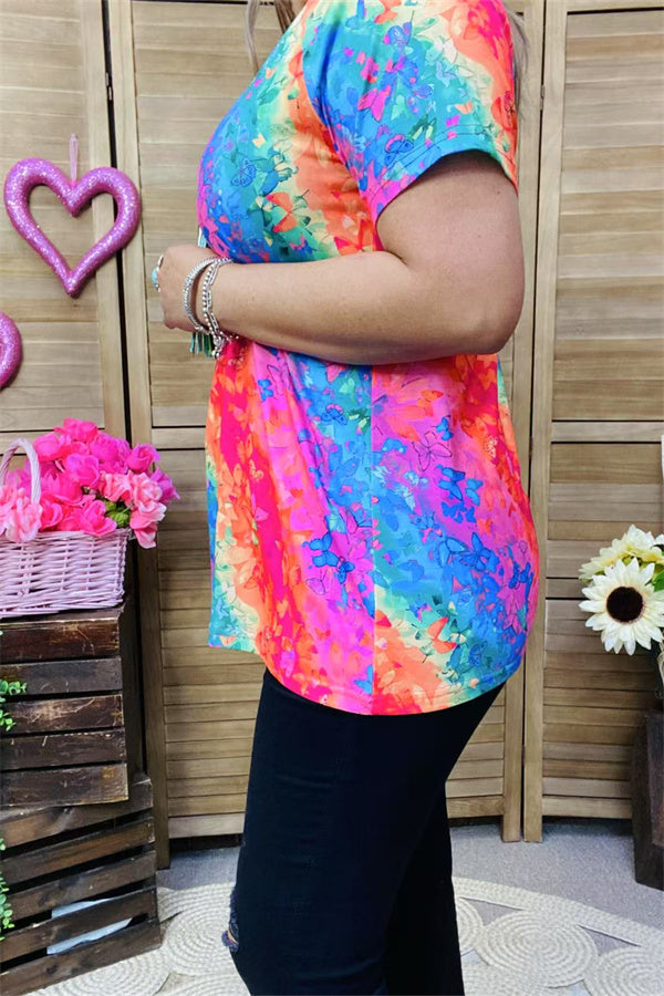 BQ15868 Teal&fuchsia butterflies multi color printed short sleeve V-neckline women tops