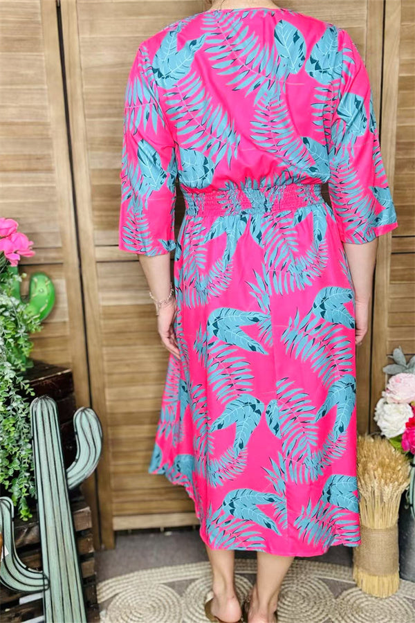 GJQ15990 Mint leaves printed the fuchsia women dress short sleeve w/side pockets &elastic waist band