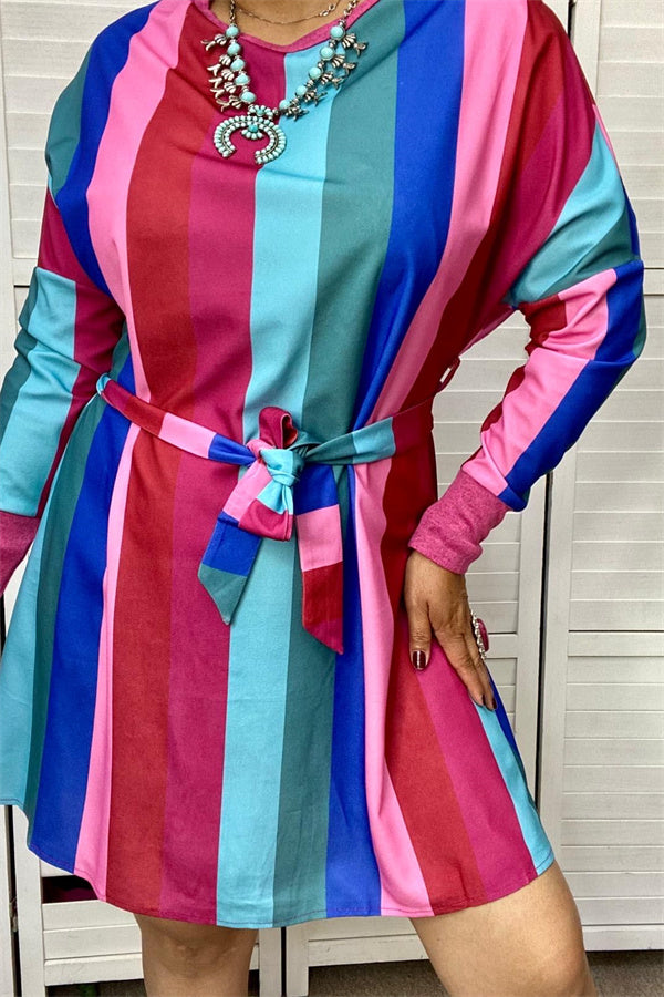  BQ6972  Multi-color striped long sleeve women dress w/waist band 