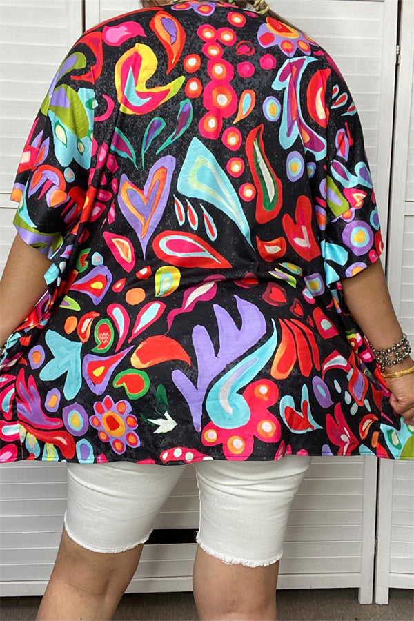 GJQ15228 Floral multi color printed the black background fabric short sleeve women blouse