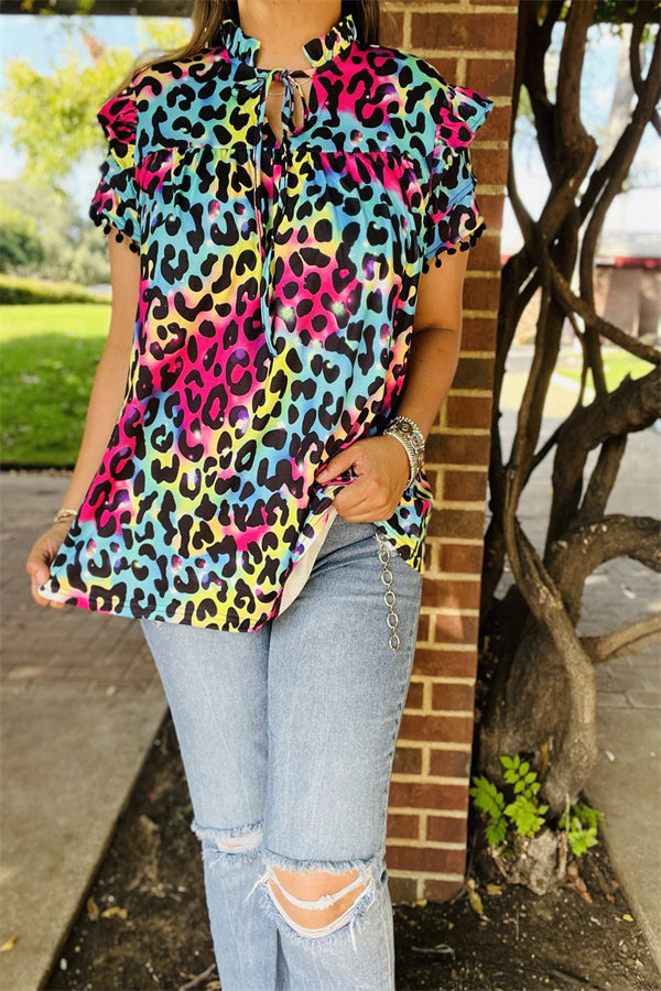 BQ15644 Multi color leopard printed double ruffle/black pompom short sleeve &ruffle neckline women tops