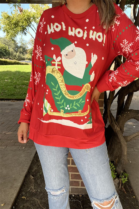 BQ15771 "HO!HO!HO!Claus Santa printed for Christmas holiday long sleeve women red tops