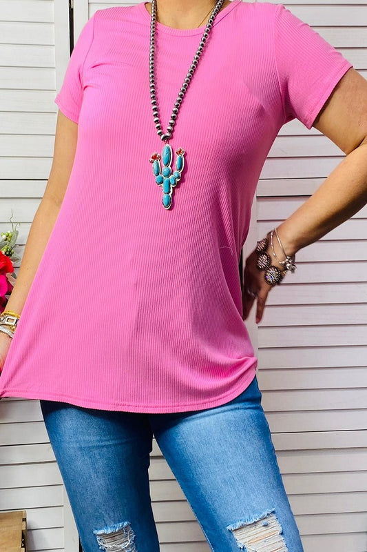 YMY14031-2 Pink jersey knit fabric short sleeve women top