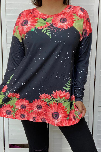 XCH13659 BLACK & RED SUNFLOWER PRINT LONG SLEEVE TOP