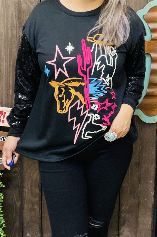 XCH15788 Yellow horse/Fuchsia cactus multi color graphic embroidery long sleeve w/black sequin women tops