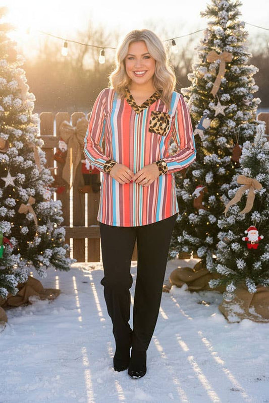 GJQ8549 Serape & leopard v-neck cut long sleeve top w front pocket (DS12)