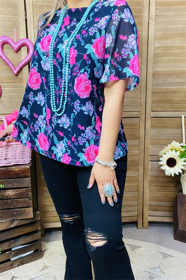 XCH15893 Fuchsia floral multi color printed short sleeve navy women tops