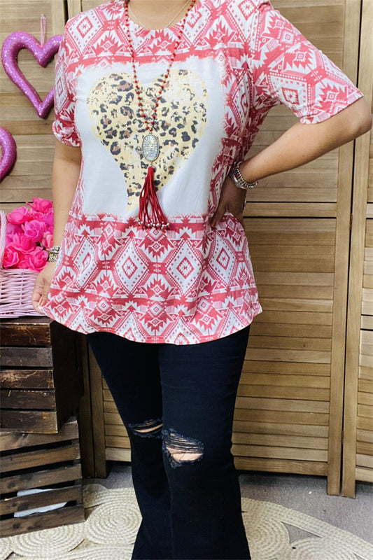 DLH12146 Leopard hearts&rust red Aztec printed short sleeve women tops