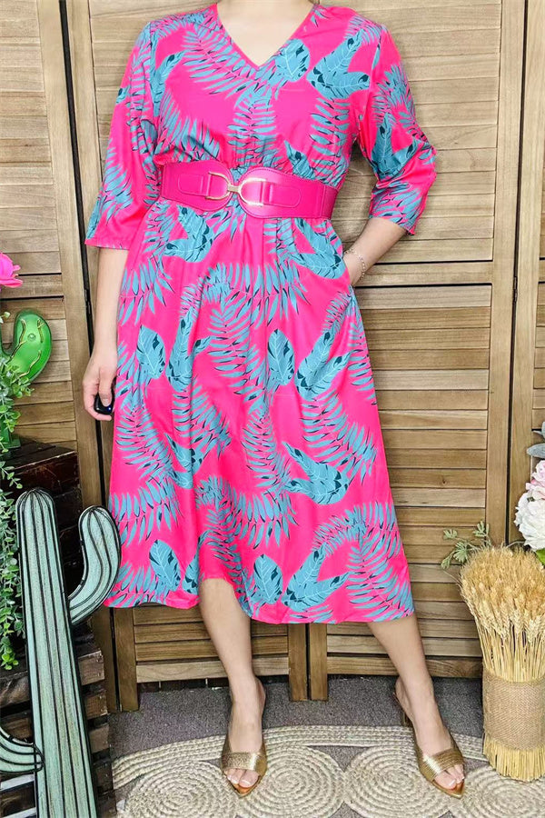 GJQ15990 Mint leaves printed the fuchsia women dress short sleeve w/side pockets &elastic waist band