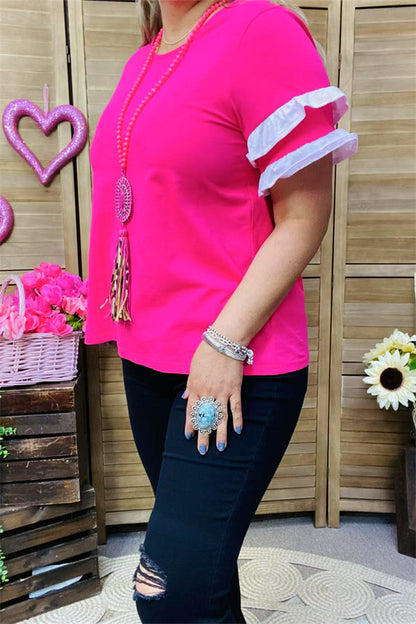 BQ15926 Double pink ruffle short sleeve women fuchsia tops