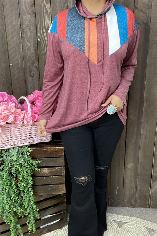 XCH10162 Multi color stripe printed  long sleeve w/string women rust tops/hoodie (AS10)