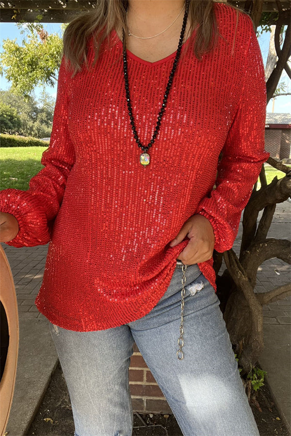 XCH15795 Sequin long sleeve women tops w/red lining