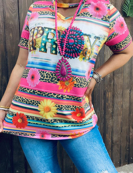 PRAY serape leopard multi-color printed short sleeves women top XCH13042