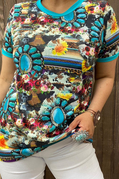 XCH11682 Turquoise rhinestone multi color printed short sleeves women tops