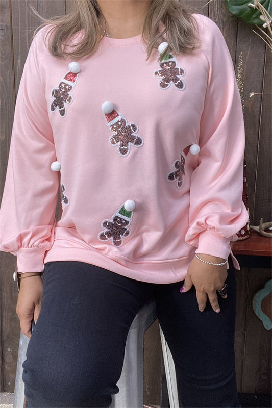 XCH15220 Santa Claus sequin patch in the baby pink solid color long sleeve cardigan design women blouse