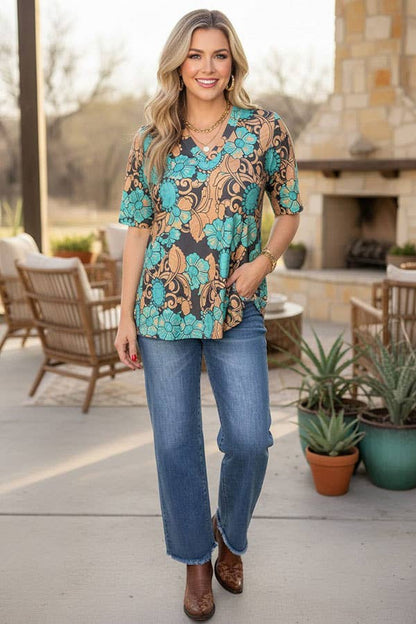 Western turquoise & brown flower jewels women's boutique top Southern Stitch GJQ17512