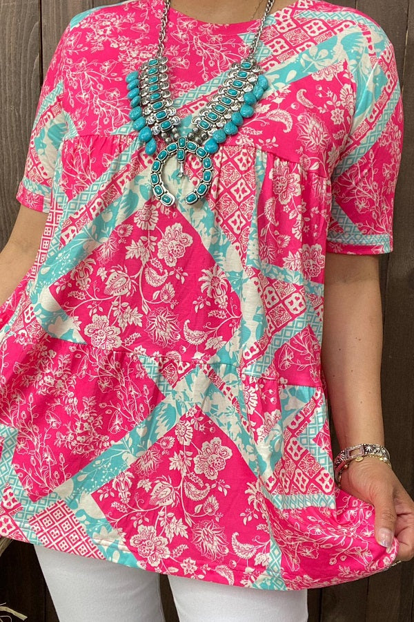 GJQ14194 Turquoise & Fuchsia floral printed baby doll blouse w/short sleeves