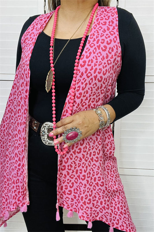 FW13035 Pink leopard sleeveless women vest with pink pompom