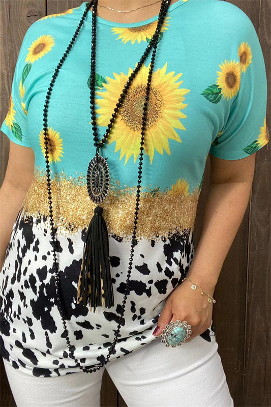 XCH13234 Sunflower turquoise leopard multi color printed short sleeves women tops