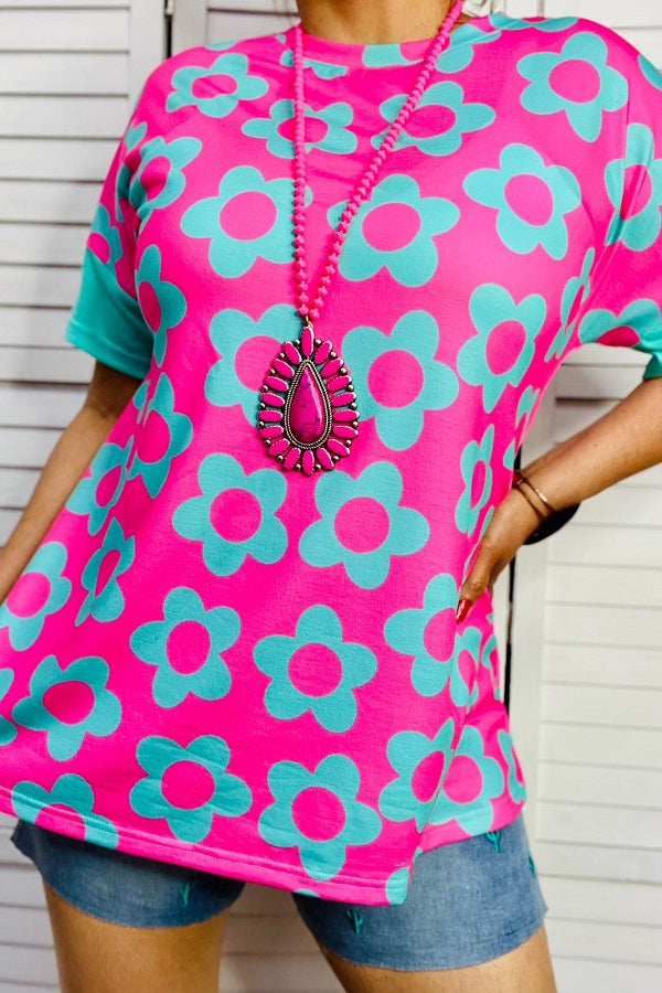 Fuchsia&turquoise color printed short sleeves women tops XCH14603