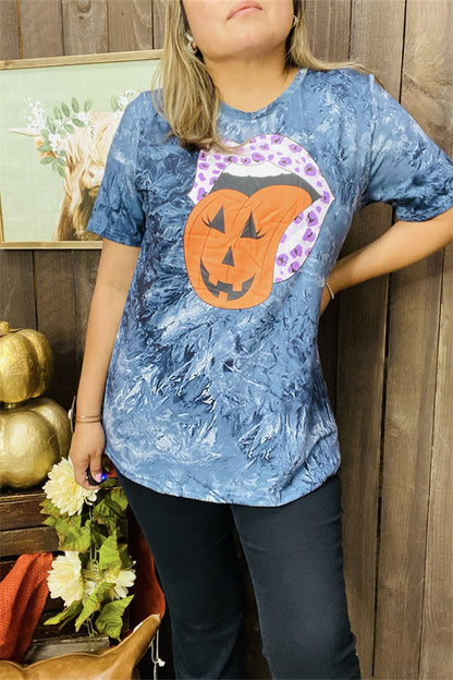 DLH10080 Spooky tongue&mouth tie-dye blue short sleeve women tops IS5