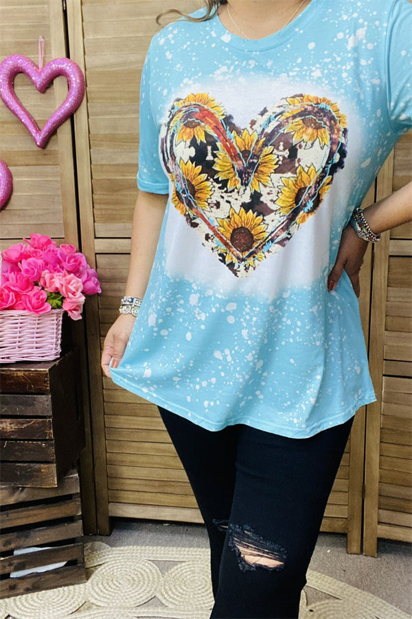 DLH13771 Cow & Sunflower heart printed turquoise short sleeve top