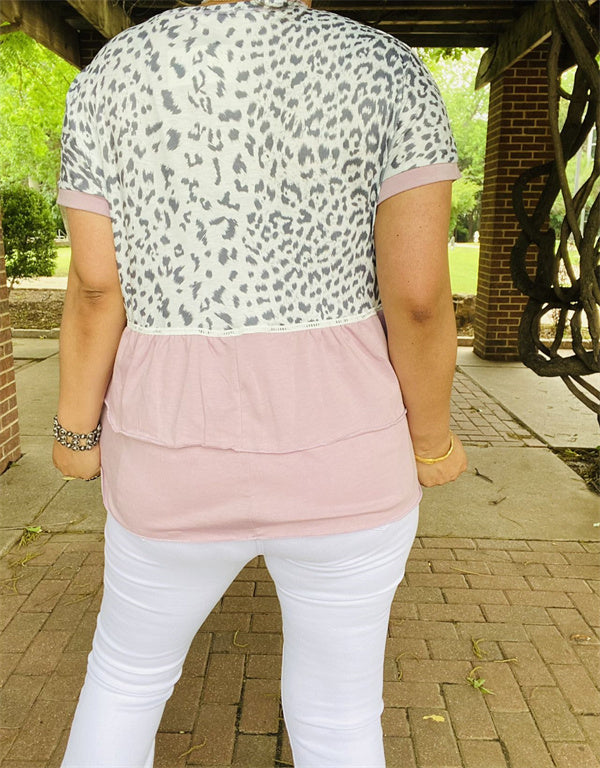 Leopard printed light pink block short sleeves baby doll women tops BQ14807 (GS1)