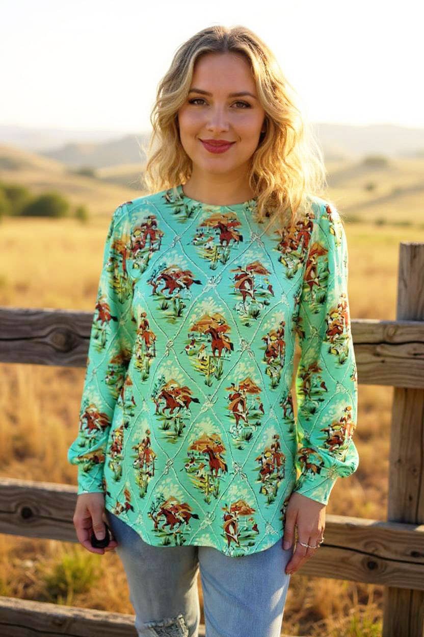Western horse riding mint long sleeve women blouse GJQ16456