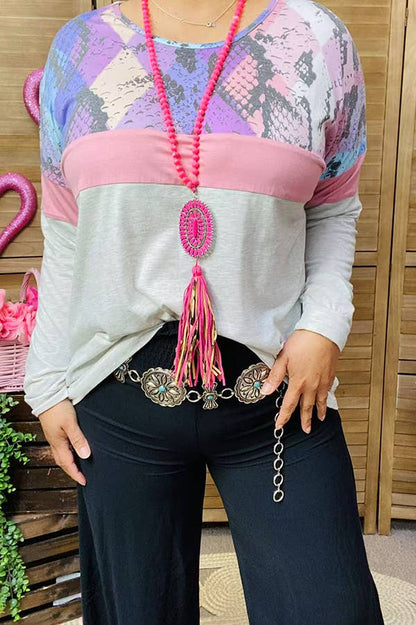 BQ7962 Pastel colors Snake skin printed color block long sleeve top cs9