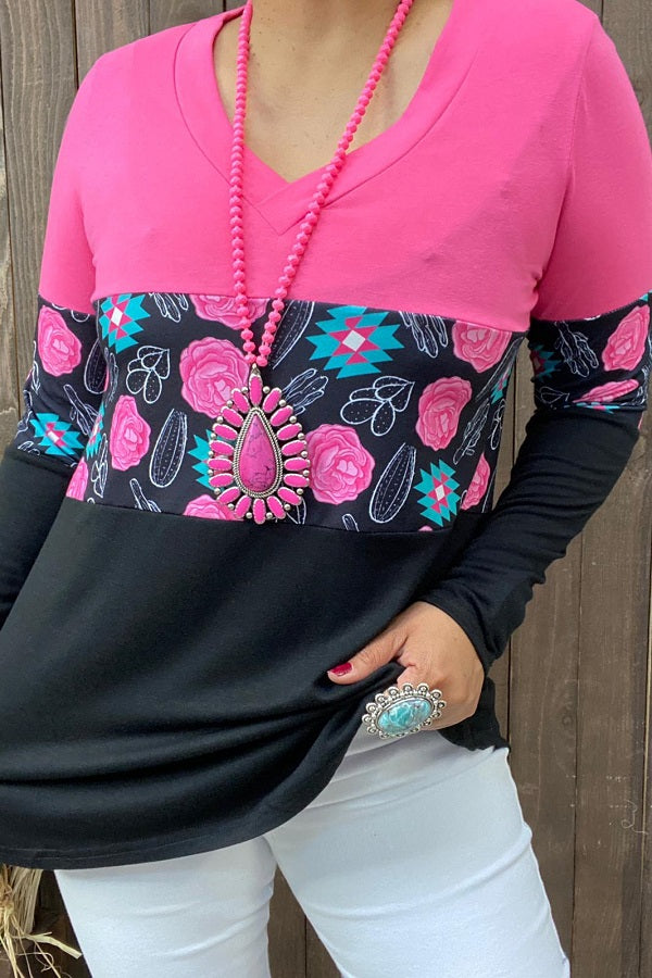 BQ14458 Block black&fuchsia and floral multi color printed long sleeves women tops