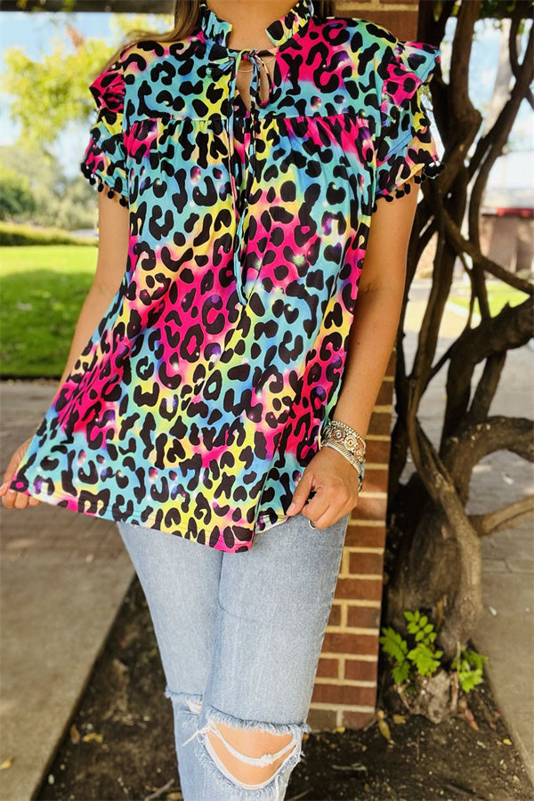 BQ15644 Multi color leopard printed double ruffle/black pompom short sleeve &ruffle neckline women tops