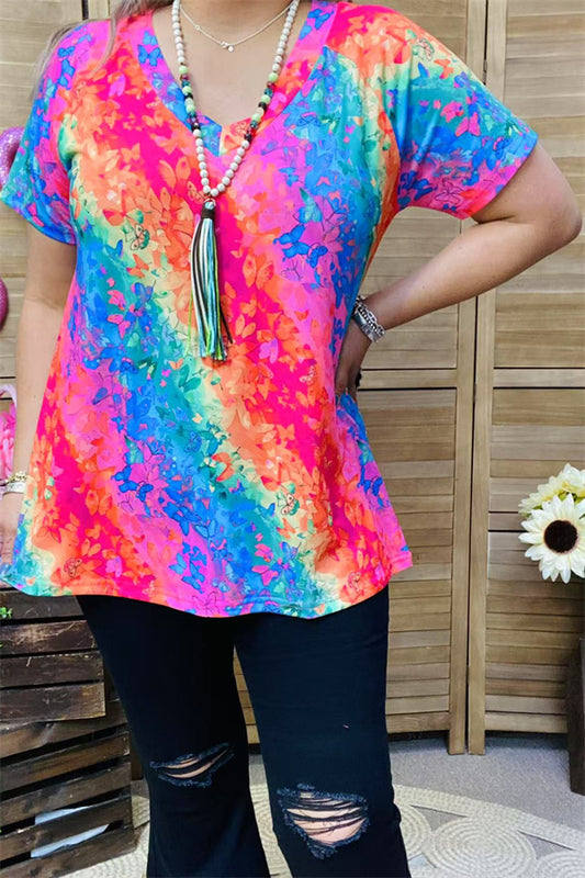 BQ15868 Teal&fuchsia butterflies multi color printed short sleeve V-neckline women tops