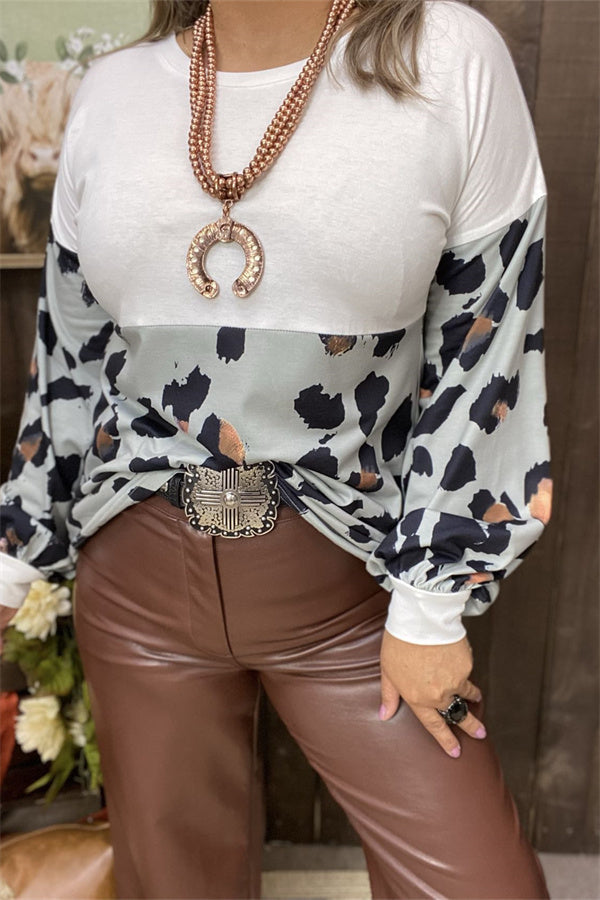 GJQ14288 Leopard multi color printed with white block color long sleeve tighten cuff women blouse