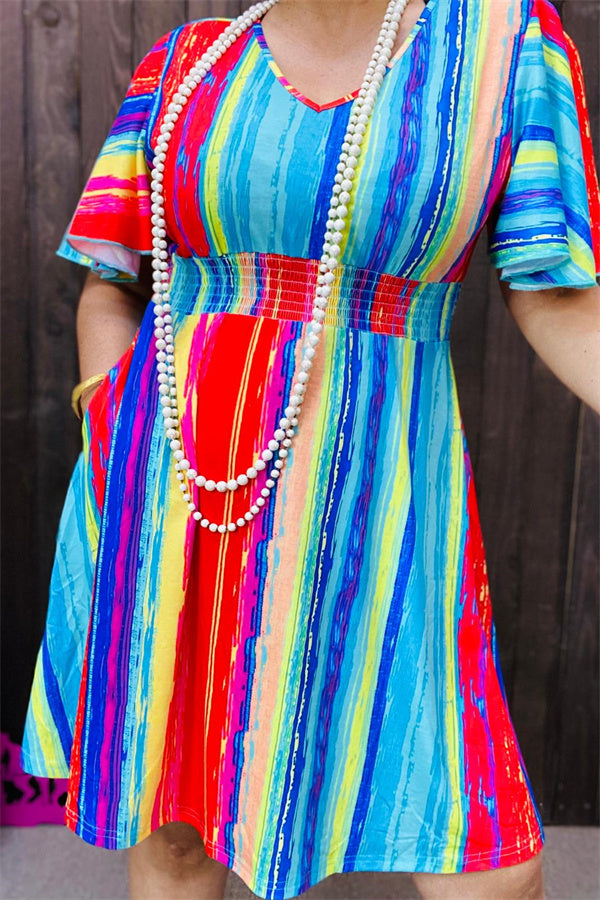 XCH15181 Multi color striped women dress w/bell short sleeves wholesale elastic waist band