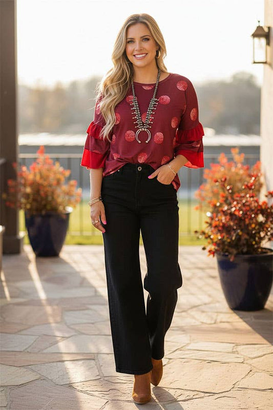 Western burgundy polka dot w/red ruffle 3/4 sleeve women's boutique top YMY9810-2