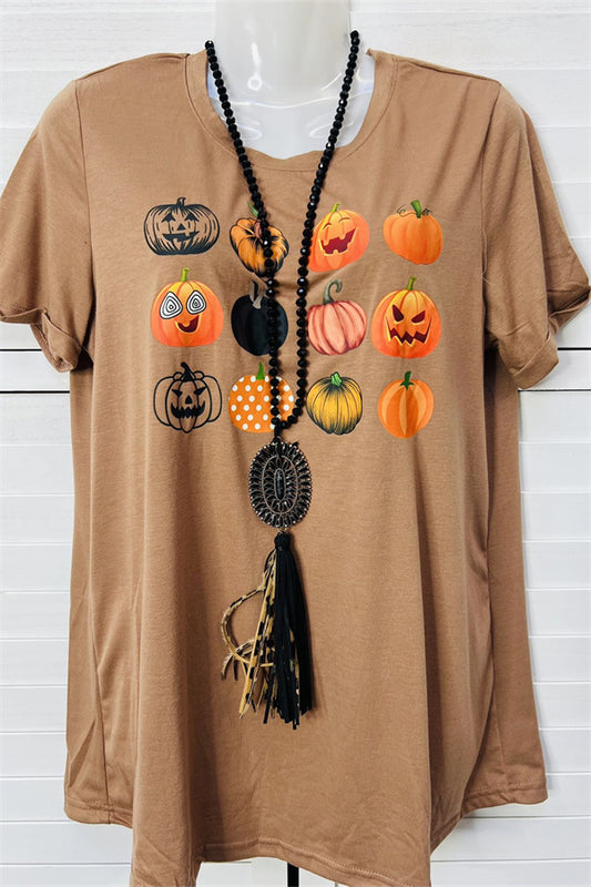 DLH9747 Rust multi pumpkin printed halloween t-shirt for women