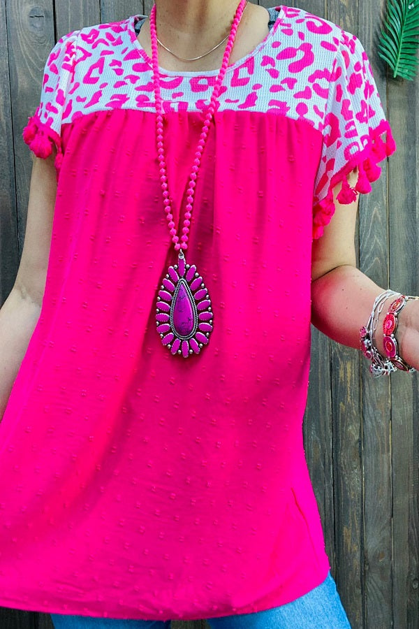 Pink leopard printed/ fuchsia block short sleeves/tassel women top BQ14808