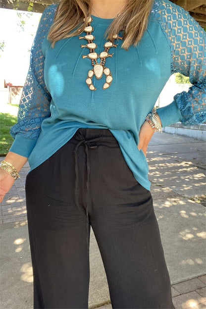 XCH15449 Turquoise solid color long sleeve/lace raglan design women tops