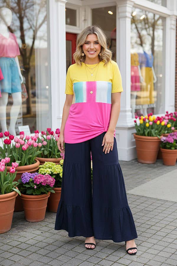 Yellow/pink & multi color block printed short sleeve top w/knot GJQ8707-2