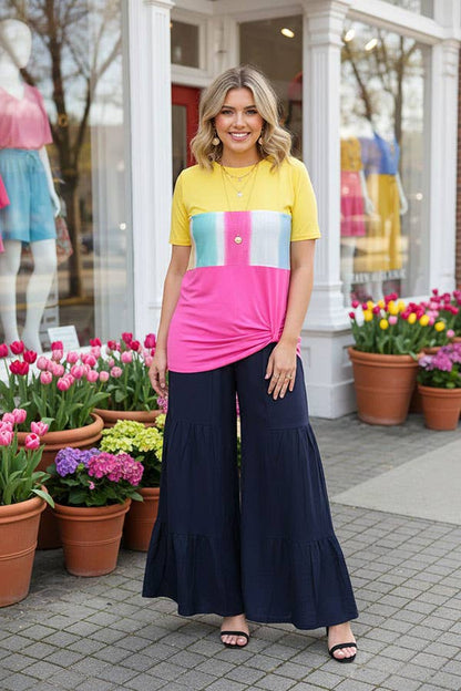 Yellow/pink & multi color block printed short sleeve top w/knot GJQ8707-2