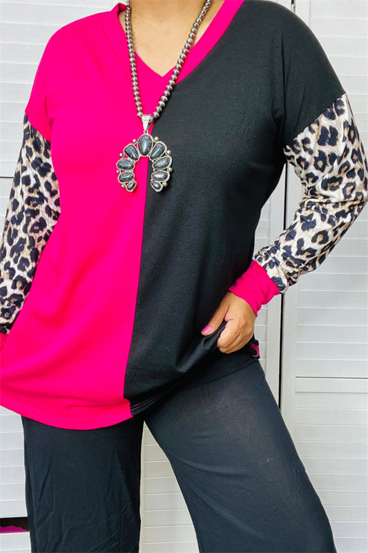 BQ14299 Fuchsia&black half block with leopard long sleeves printed for women top