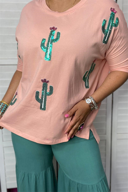 XCH15055 Sequin green cactus light pink loose short sleeve women tops