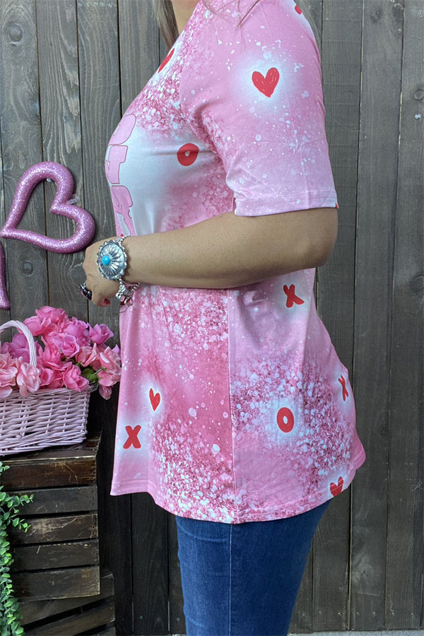 XCH14135 Fuchsia boots &"HOW DY honey"and heart printed short sleeve women pink tops