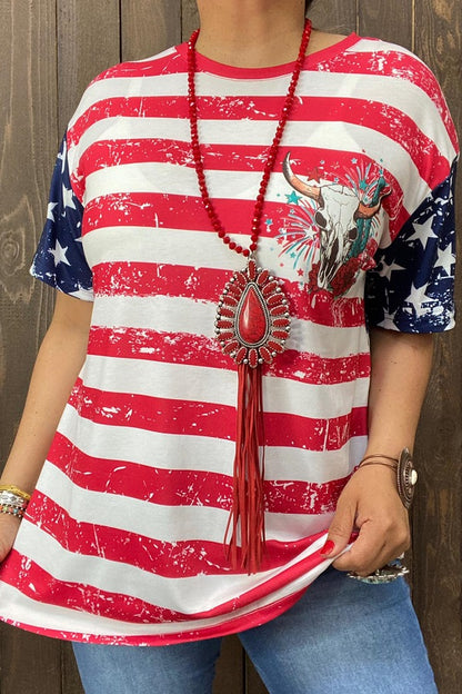 Red striped&stars multi-color printed short sleeves women tops XCH14955