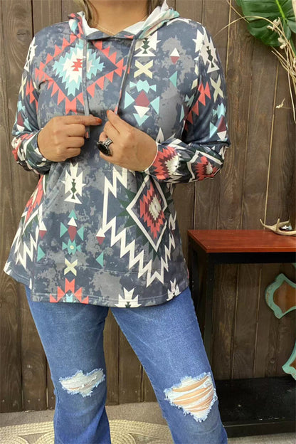 XCH15690 Aztec multi color printed women hoodie/tops w/string&front pockets long sleeve