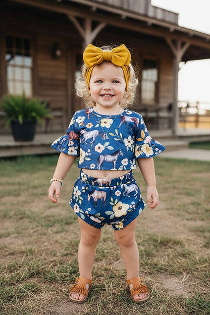 Western floral & horse crop top & shorts baby girl's boutique set 8698MZ