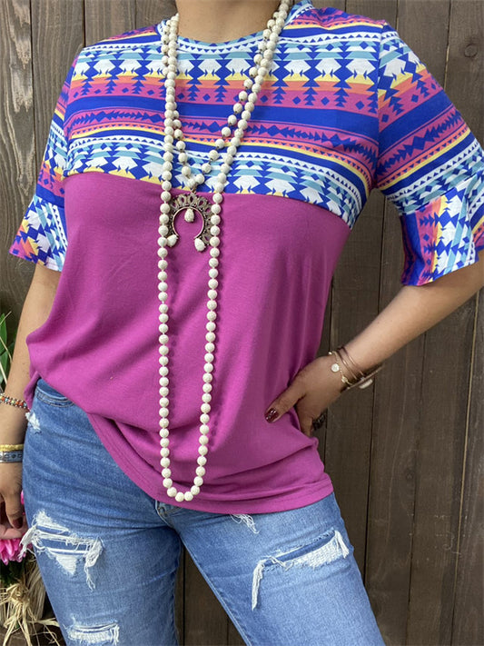 BQ9829 Aztec block purple multi color printed ruffle short sleeves women tops
