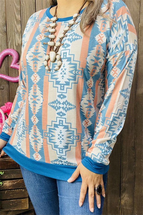 GJQ10223 Solid blue neckline/cuff/hem &Aztec multi color printed long sleeve women top(AS5)