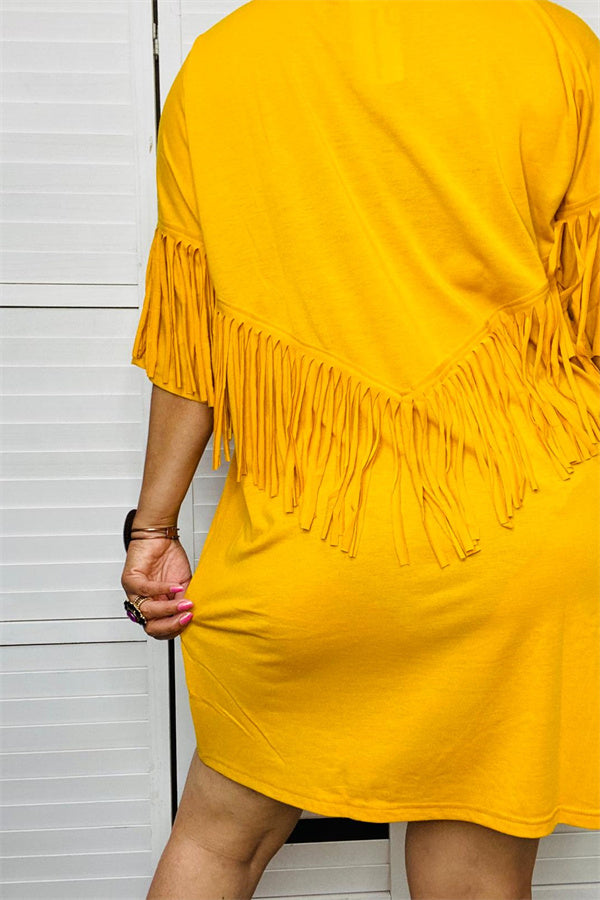 GJQ13217 Mustard yellow short women dress w/back fringe tassel